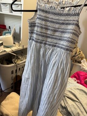 J. Crew Light Blue and White Smocked Striped Cotton Dress - Kids Casual